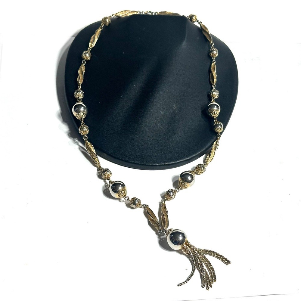 Vintage Egyptian Revival Tasseled Pendant Necklace Gold Tone 26 inch